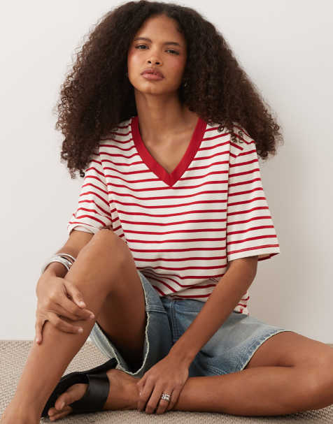 ASOS DESIGN – T-shirt oversize w paski z dekoltem V - view 1