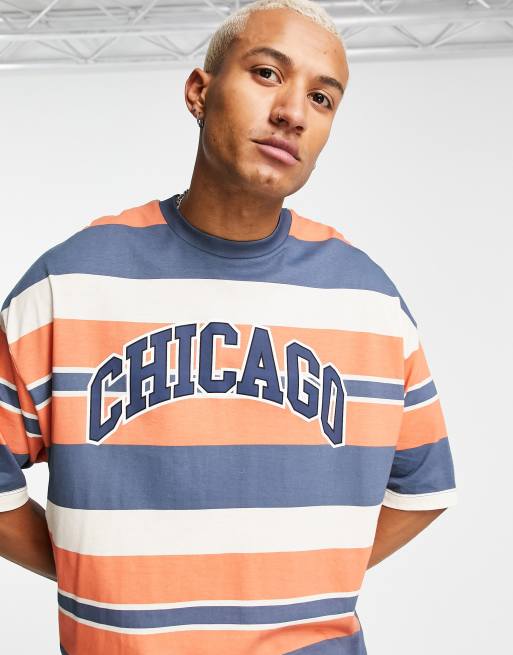 ASOS DESIGN – T-shirt oversize w paski z nadrukiem z napisem „Chicago”