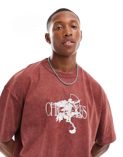 ASOS DESIGN – T-shirt oversize w spranym brązowym kolorze z nadrukiem z cherubinem z przodu - view 1