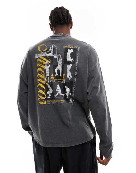 ASOS DESIGN – T-shirt oversize w spranym czarnym kolorze z długim rękawem i nadrukiem z motywem koszykówki na plecach - view 1