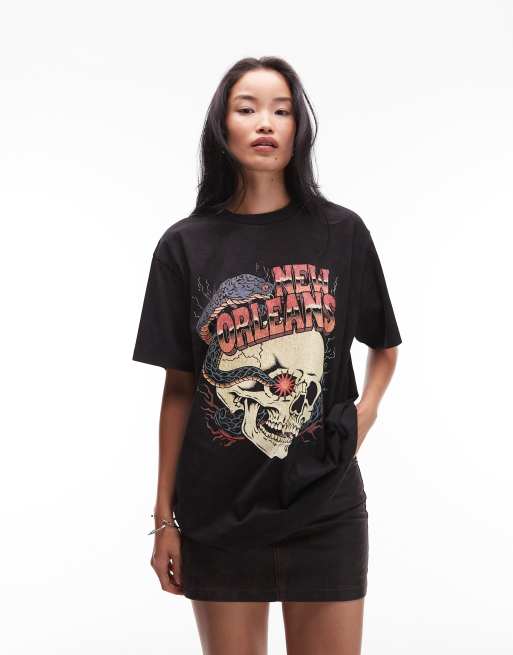 ASOS DESIGN – T-shirt oversize w spranym czarnym kolorze z rockową grafiką z napisem New Orleans