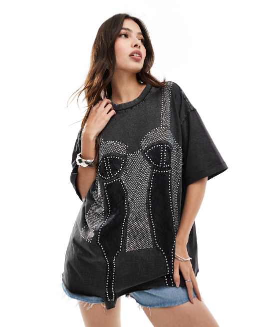ASOS DESIGN – T-shirt oversize w spranym grafitowym kolorze z aplikacją gorsetu
