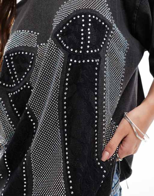 ASOS DESIGN – T-shirt oversize w spranym grafitowym kolorze z aplikacją gorsetu, 3 z 4
