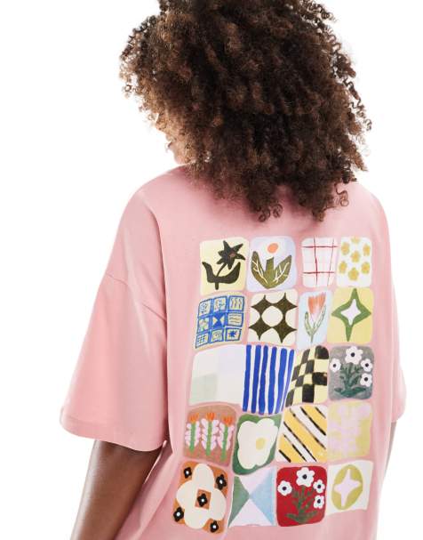 ASOS DESIGN – T-shirt oversize w zgaszonym różowym kolorze z kafelkową grafiką z kwiatami - view 1