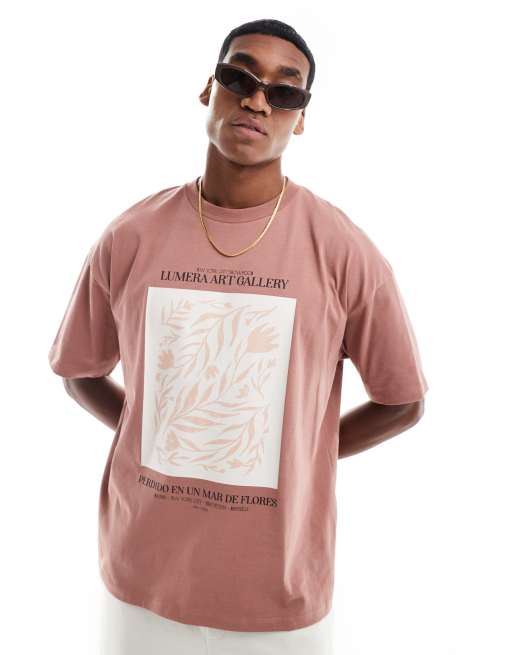 ASOS DESIGN – T-shirt oversize w zgaszonym różowym kolorze z kwiatową grafiką z przodu