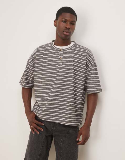 ASOS DESIGN – T-shirt oversize z dekoltem henley i obniżoną linią ramion w prążkowane paski - view 1