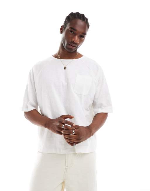 ASOS DESIGN – T-shirt oversize z dekoltem w łódkę z materiału o fakturze lnu w kolorze ecru