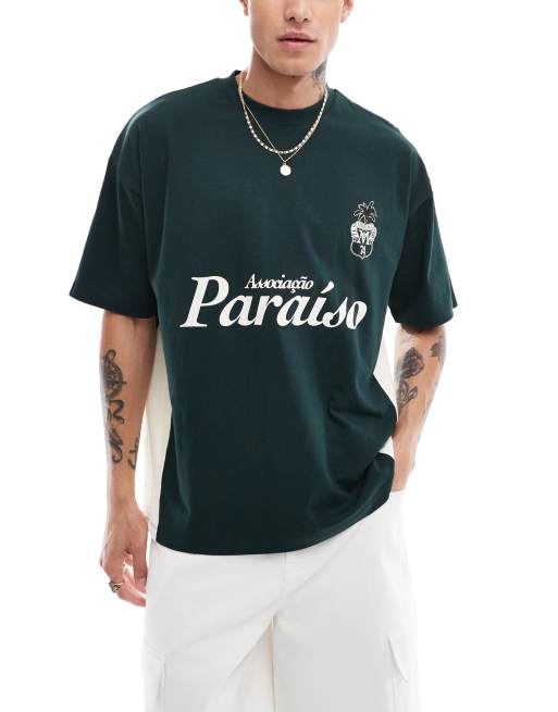 ASOS DESIGN – T-shirt oversize z nadrukiem „Paraiso” z przodu z blokami kolorów zielonego i ecru