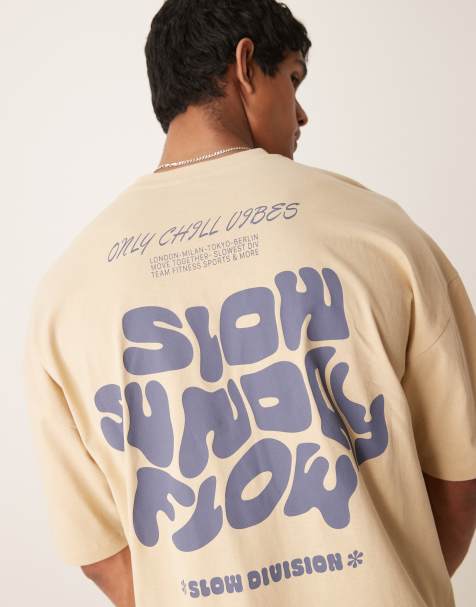 ASOS DESIGN – T-shirt oversize z obniżoną linią ramion i nadrukiem „Slow Sunday” w kolorze khaki - view 1