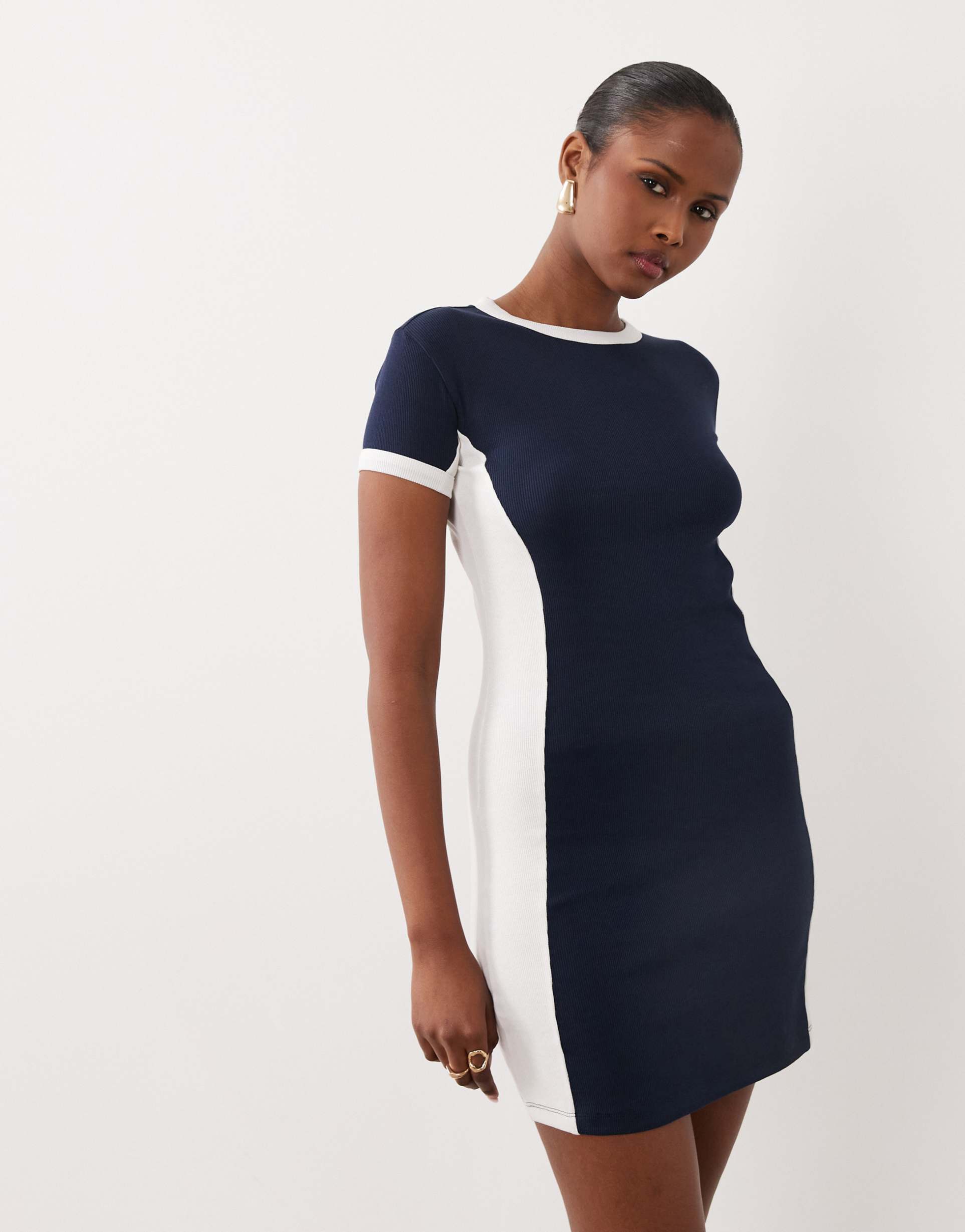 asos design t-shirt panel detailing mini dress in navy with white color blocking