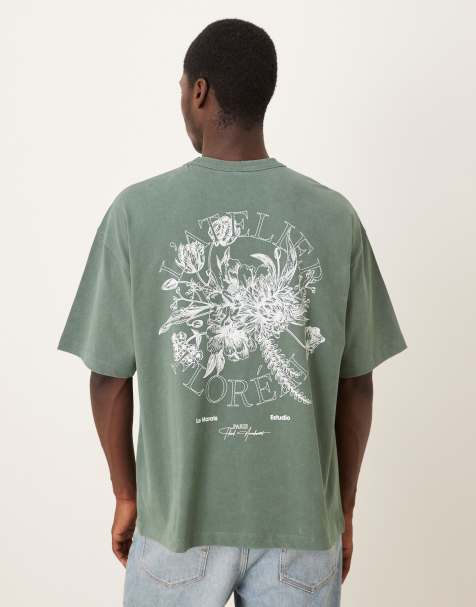 ASOS DESIGN - T-shirt pesante oversize verde slavato con stampa grafica di fiori - view 1
