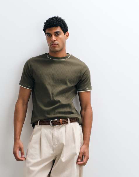 ASOS DESIGN - T-shirt pesante regular fit kaki testurizzata con bordi a contrasto - view 1