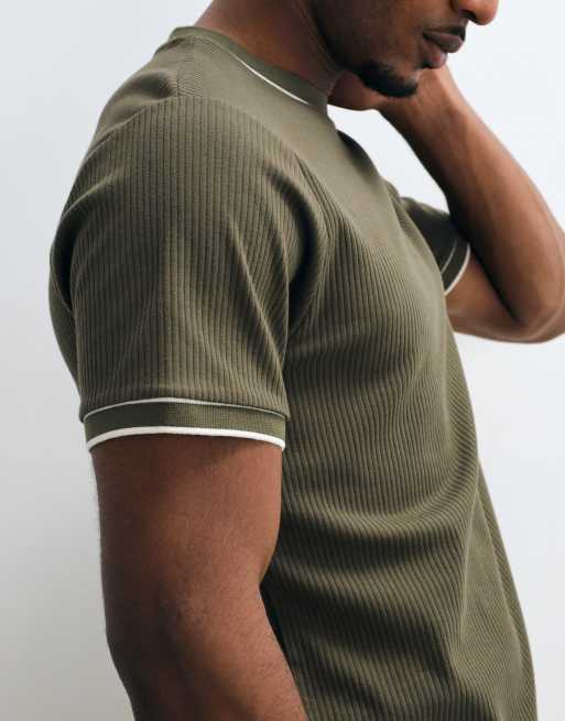 ASOS DESIGN - T-shirt pesante regular fit kaki testurizzata con bordi a contrasto, 2 di 5