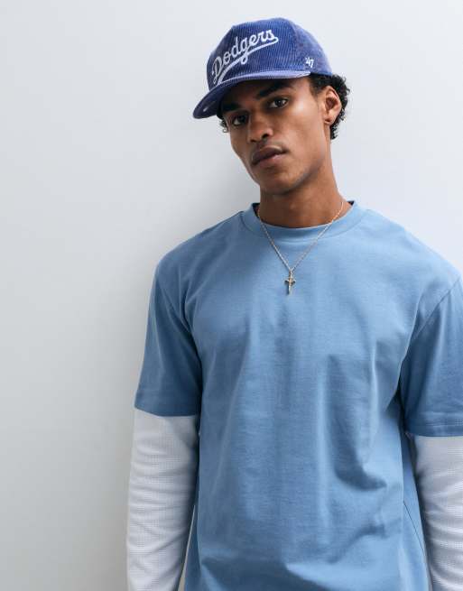 ASOS DESIGN T-shirt pesante relaxed con doppio strato blu e bianco a nido d'ape, 2 di 5