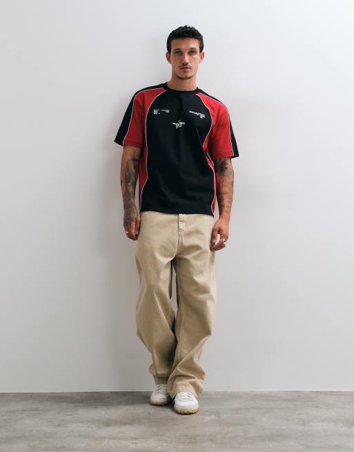 ASOS DESIGN T-shirt pesante relaxed con stampa e pannelli a contrasto nera e rossa, 5 di 5