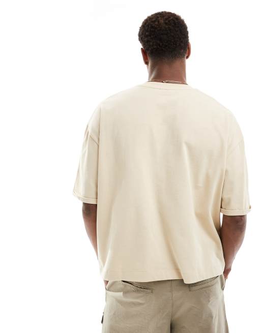 ASOS DESIGN - T-shirt pesante squadrata oversize beige con mezze maniche, 3 di 4
