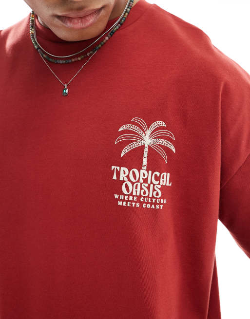  ASOS DESIGN - T-shirt pesante squadrata oversize rossa con grafica estiva , 3 di 4