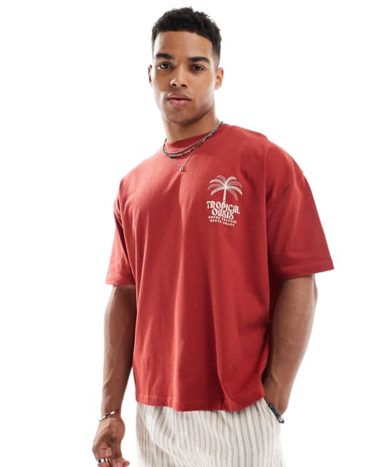  ASOS DESIGN - T-shirt pesante squadrata oversize rossa con grafica estiva , 4 di 4