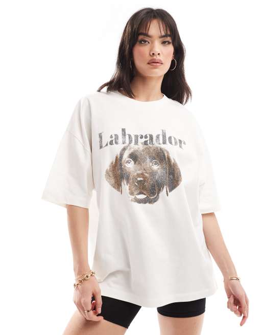ASOS DESIGN - T-shirt pesante vestibilità boyfriend color crema con stampa di labrador