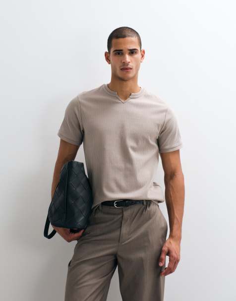 ASOS DESIGN - T-shirt pesante vestibilità classica con intaglio sul collo beige a coste - view 1
