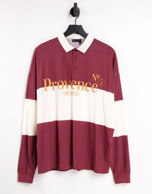 Polos manches longues T-shirt polo oversize à manches longues avec rayures et imprimé texte - Bordeaux et blanc cassé