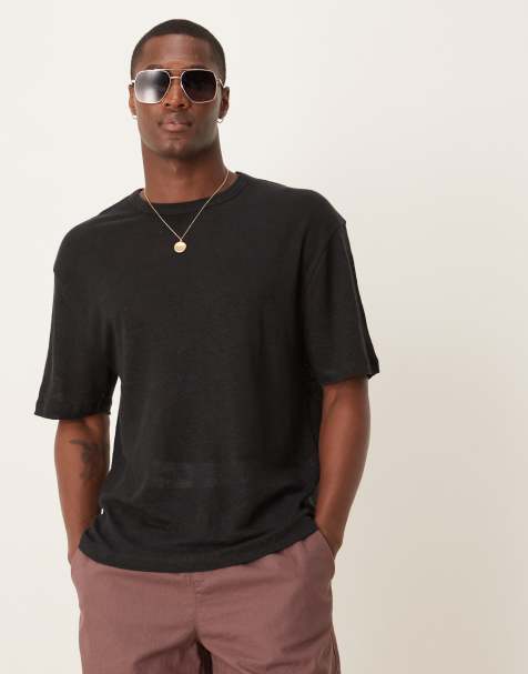ASOS DESIGN - T-shirt premium comoda squadrata in lino nera - view 1