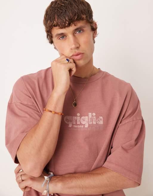 ASOS DESIGN – T-shirt premium oversize z grubego materiału w kolorze spranego brązu ze wzorem 