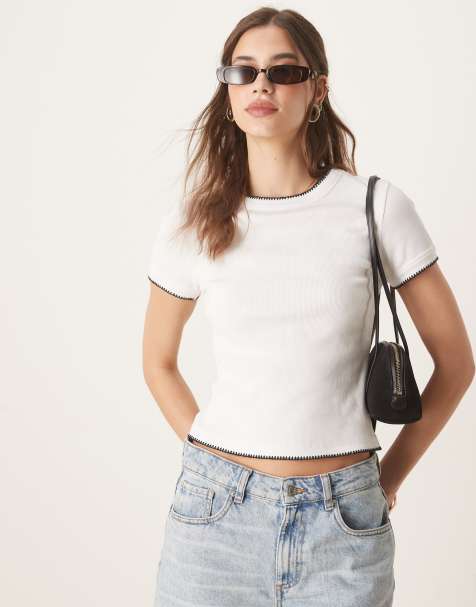 ASOS DESIGN - T-shirt raccourci avec bords au point de feston - Blanc - view 1