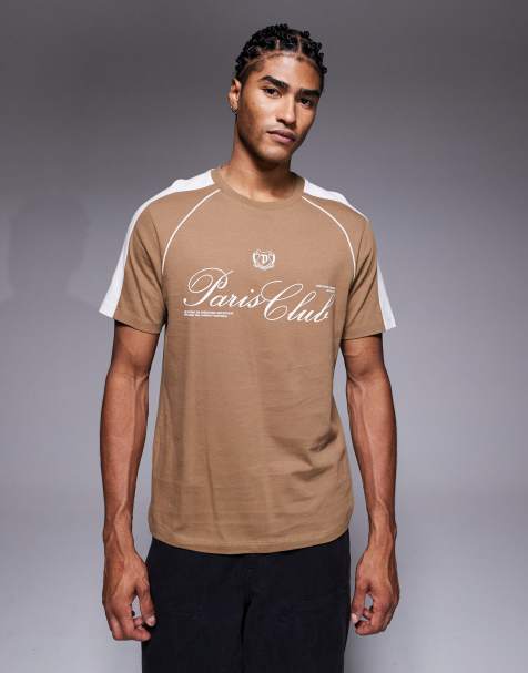 ASOS DESIGN - T-shirt raglan à empiècements et imprimé ville - Marron clair - view 1