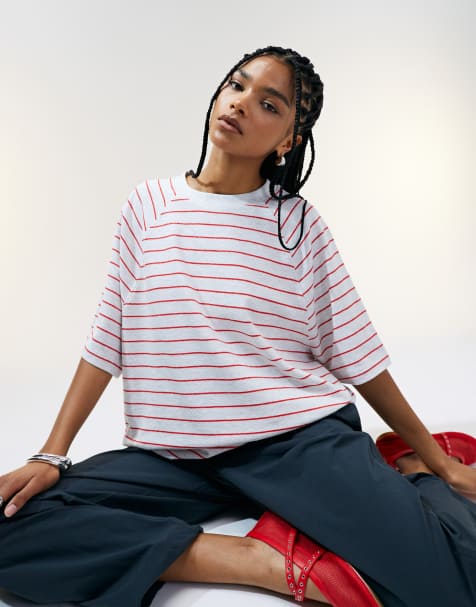 ASOS DESIGN - T-shirt raglan à manches courtes et rayures rétro texturées - Rouge - view 1