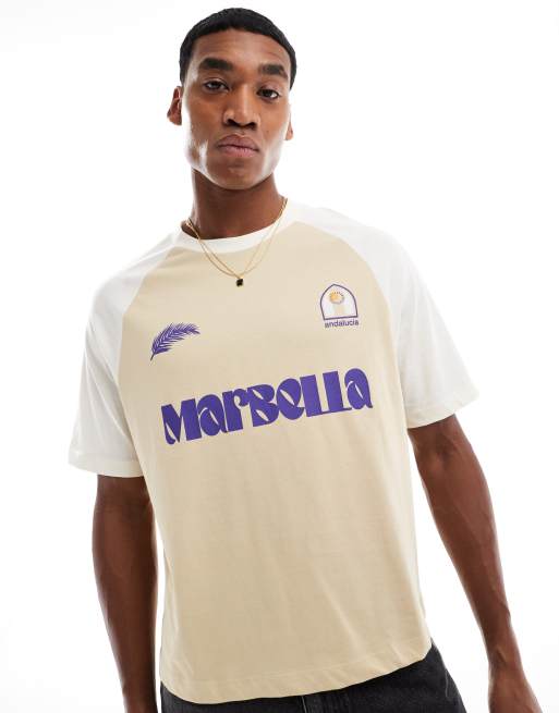 ASOS DESIGN - T-shirt raglan décontracté coupe carrée avec motif sur la poitrine - Beige