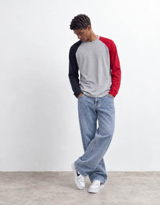ASOS DESIGN t-shirt raglan oversize à manches longues en gris chiné et rouge, 10 de 10