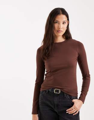 T-shirt ras de cou à manches longues en coton et élasthanne - Chocolat-Brown L