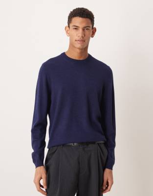 ASOS DESIGN - T-shirt ras de cou à manches longues en pure laine mérinos - Bleu marine
