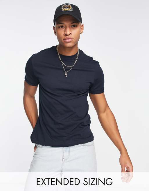 ASOS DESIGN - T-shirt ras de cou à manches retroussées - Bleu marine 