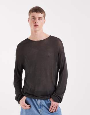 ASOS DESIGN - T-shirt ras de cou décontracté à manches longues en maille transparente - Anthracite-Gris