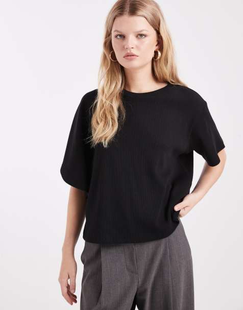 ASOS DESIGN - T-shirt ras de cou épais à nervures avec manches effet cascade - Noir - view 1