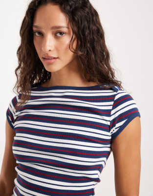 T-shirt rayé effet rétréci à manches courtes et encolure bateau-Multicolore S