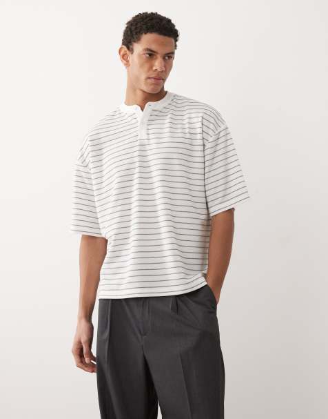 ASOS DESIGN - T-shirt rayé oversize à col boutonné coupe carrée - Blanc - view 1