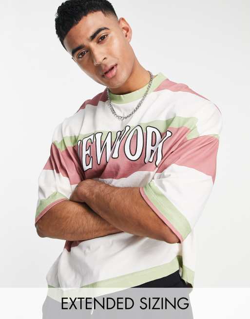 ASOS DESIGN - T-shirt rayé oversize à imprimé New York sur le devant - Rose