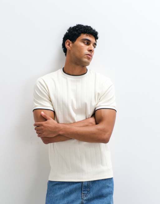 ASOS DESIGN - T-shirt regular fit color crema a coste larghe con bordi a contrasto