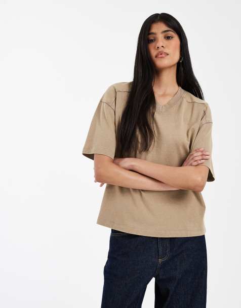 ASOS DESIGN - T-shirt regular fit color pietra slavato con scollo a V - view 1