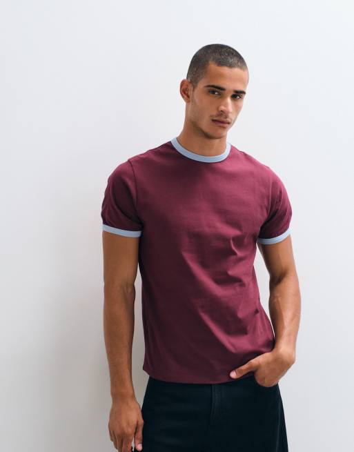 ASOS DESIGN T-shirt regular fit con bordi a contrasto bordeaux, 2 di 5