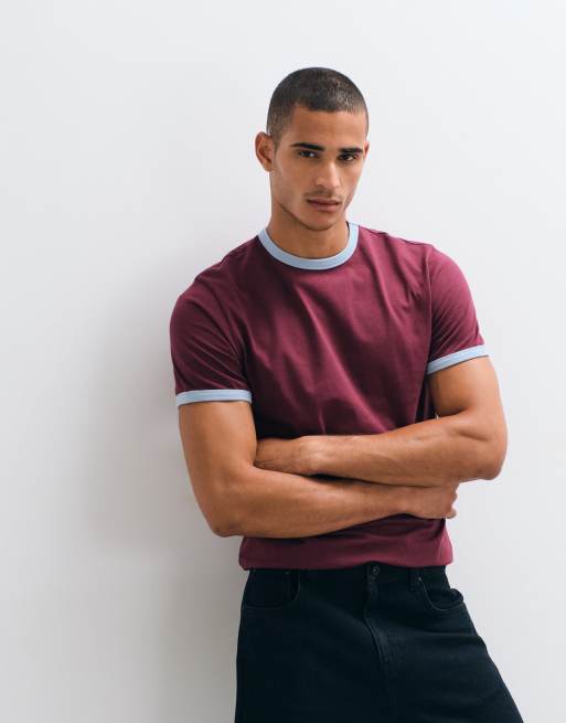 ASOS DESIGN T-shirt regular fit con bordi a contrasto bordeaux, 4 di 5