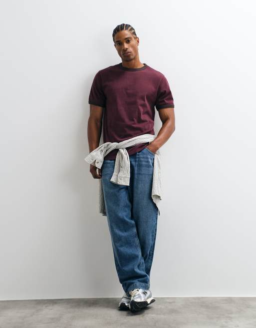 ASOS DESIGN T-shirt regular ringer in bordeaux slavato, 2 di 5