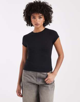 T-shirt rétréci long en tissu doux - Noir S