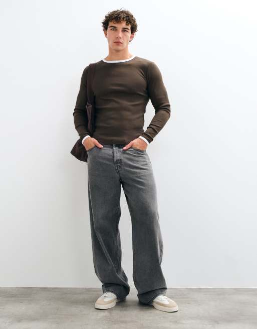 ASOS DESIGN t-shirt ringer attillata a maniche lunghe in costina marrone, 2 di 8