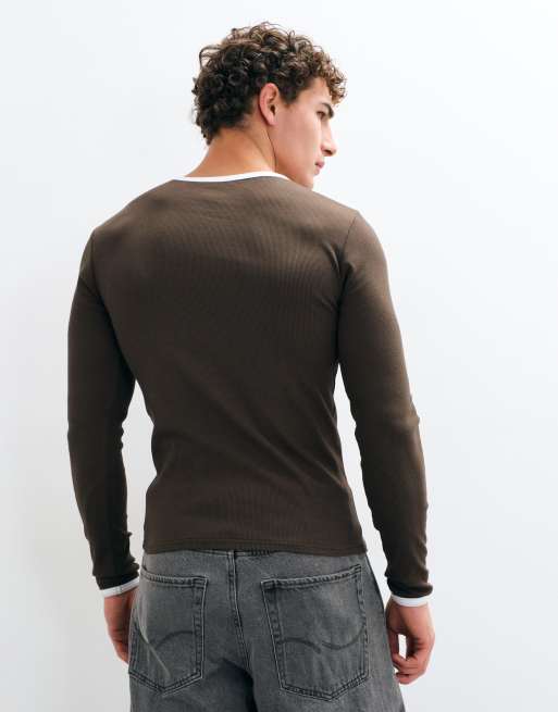 ASOS DESIGN t-shirt ringer moulant à manches longues en côtelé marron, 5 de 8