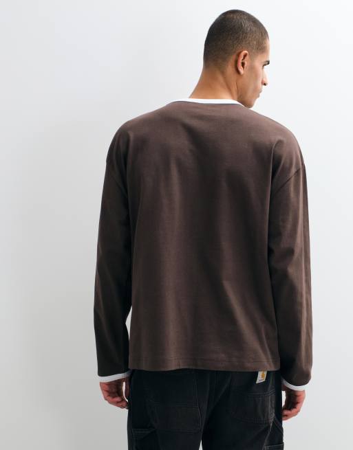 ASOS DESIGN t-shirt ringer oversize a maniche lunghe pesante marrone, 2 di 5