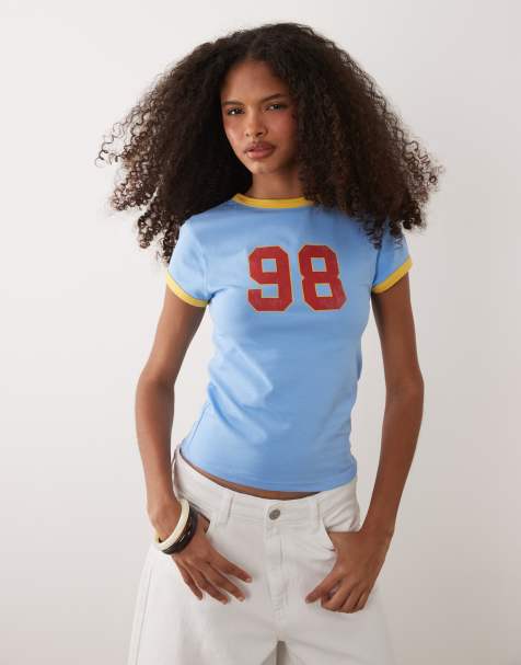ASOS DESIGN - T-shirt ristretta blu con bordi a contrasto e grafica 98 stile college - view 1
